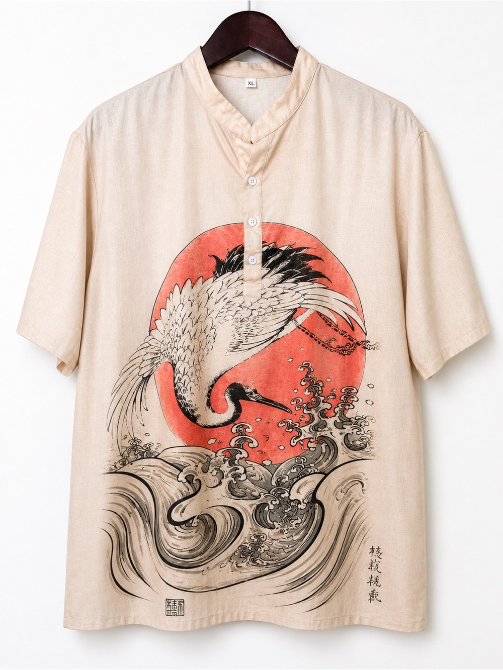 Japanese Crane Wave Shirt Men’s XL Red Sun Graphic Short Sleeve